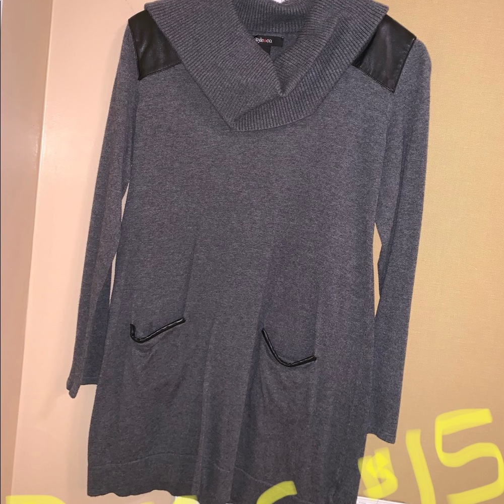 Gray sweater dress with leather accents